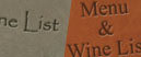 Menu with standard titles such as menu and wine list