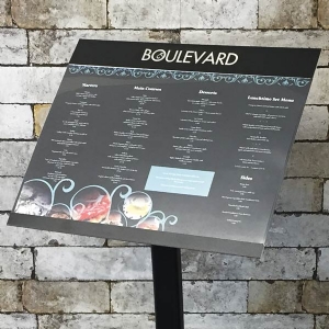 display for menus, standing display, menu case, menu display, metal stand, signs, restaurant display, restaurant sign.