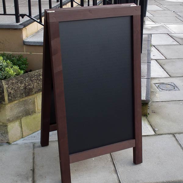 wooden A frames, pavement signs, A boards, chalk signs, outdoor signage, chalk a board, blackboards, chalkboards.