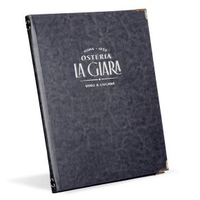 Porta menu ristorante Kensington in similpelle grigio acciaio con angolari argento e logo personalizzato in lamina argento