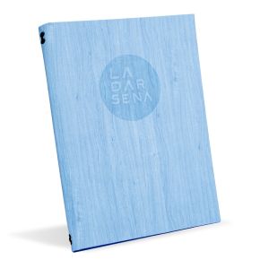 Orchard Light Blue wood effect menu cover with eyelet binding and heat embossed custom logo
