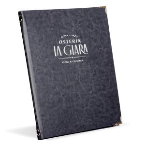 Porta menu ristorante Kensington in similpelle grigio acciaio con angolari argento e logo personalizzato in lamina argento