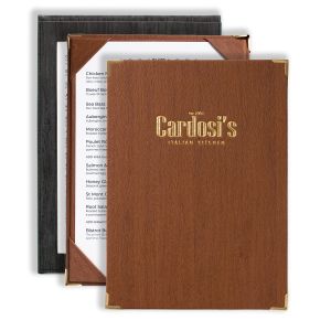 Orchard Chestnut wood effect A4 corner mount menu board with gold corners, shown open with the menu page held in corner mounts