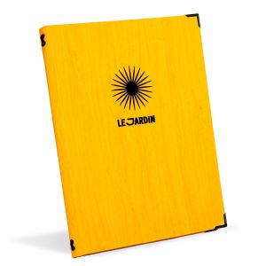 Orchard Mustard wood effect menu cover with black corners and eyelets and black embossed custom logo